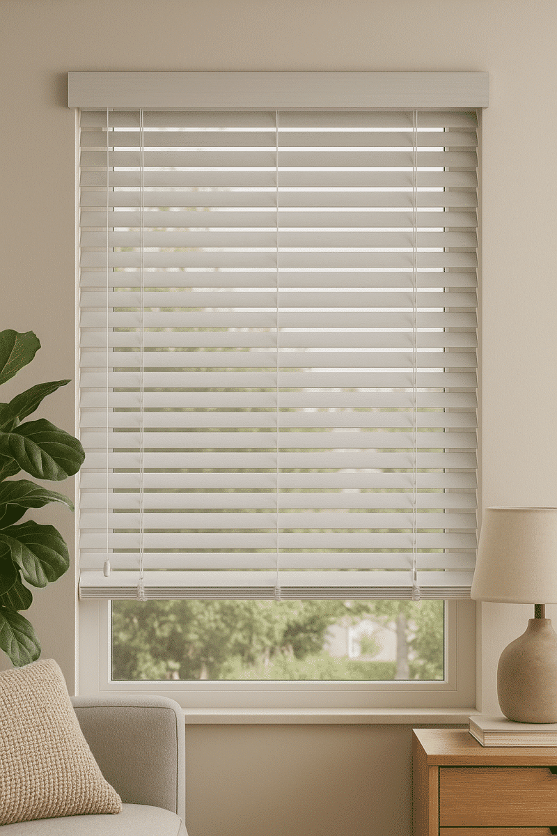 Lichtgrijze houten jaloezieën 50 mm