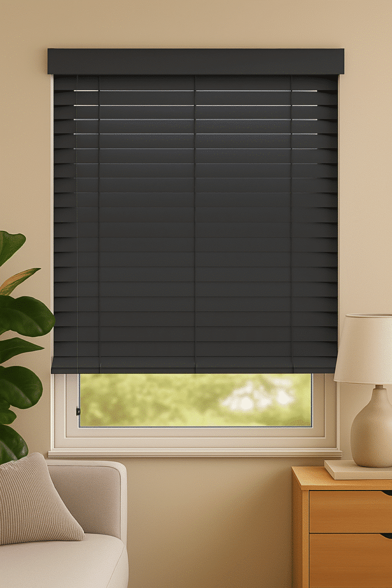 Donkergrijze houten jaloezieën 50 mm