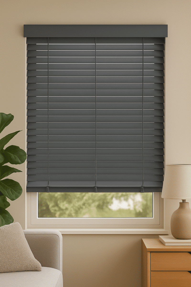 Grijze houten jaloezieën 50 mm